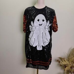 SIMPLY SOUTHERN Sequin Peace Sign Ghost T-Shirt Dress Top L/XL